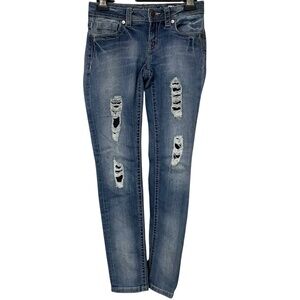 Miss Me Girls Light Wash Distressed Black Patched Mid-rise Skinny Jeans